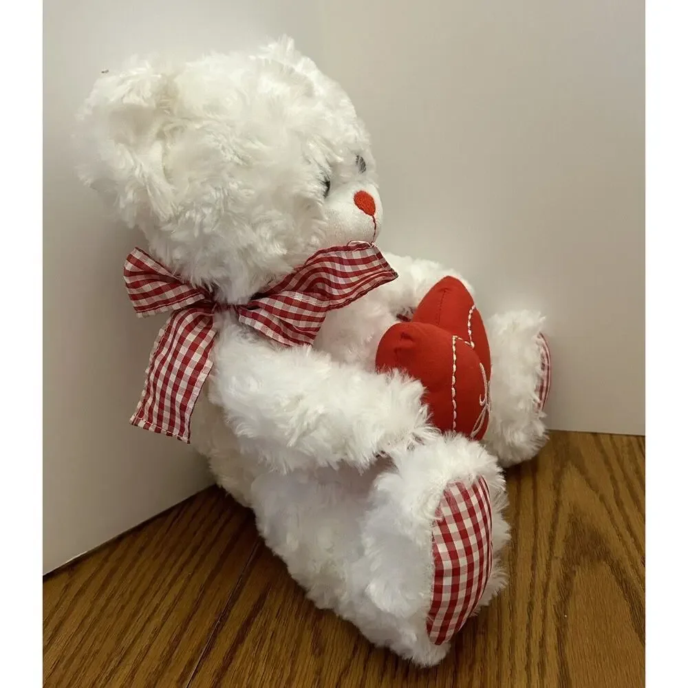 Burton + Burton White Plush Bear with Red Checked Accents Holding Heart 10 Inch